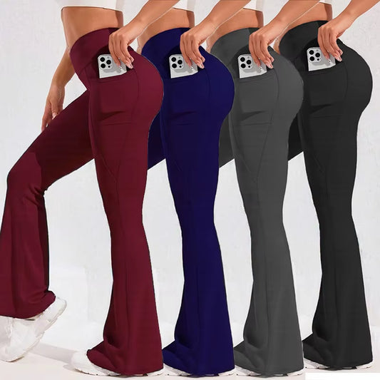High Waist Flare Leg Yoga Pants Women with Pocket Push up Butt Running Tights Wide Leg Pants Gym Outdoor Cycling Leggings
