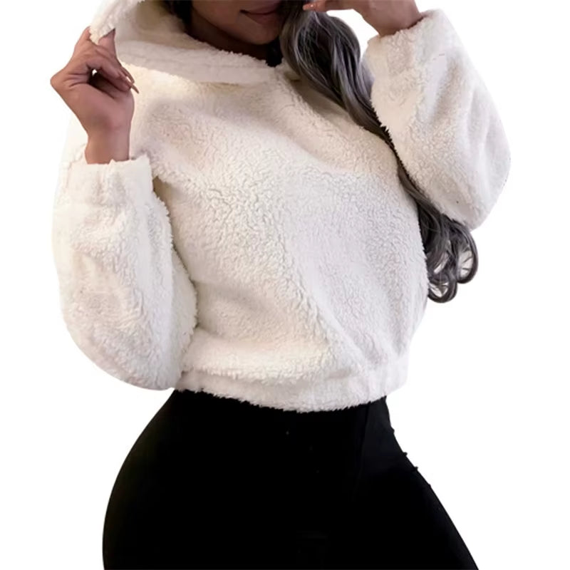 Winter Korean Fashion Bear Ears Cute Loose Hoodie Fluffy Hooded Warm Sweatshirt Long Sleeve Top Solid Pullover Clothes for Women