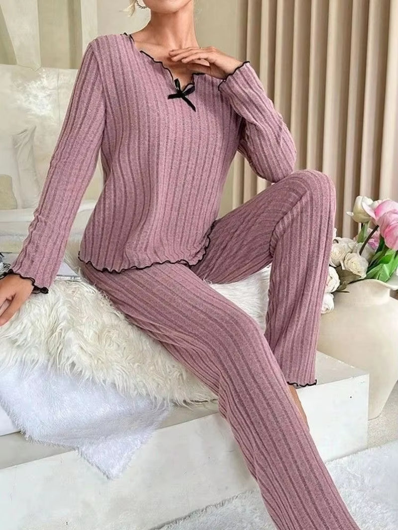 Autumn Winter Warm Sleepwear Women Pajamas Set Long Sleeve Top and Trousers 2 Piece Set Casual Homewear Loungewear