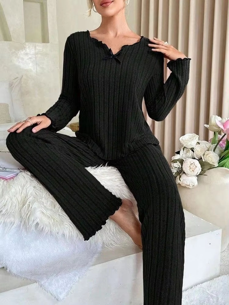 Autumn Winter Warm Sleepwear Women Pajamas Set Long Sleeve Top and Trousers 2 Piece Set Casual Homewear Loungewear
