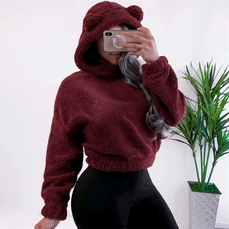 Winter Korean Fashion Bear Ears Cute Loose Hoodie Fluffy Hooded Warm Sweatshirt Long Sleeve Top Solid Pullover Clothes for Women
