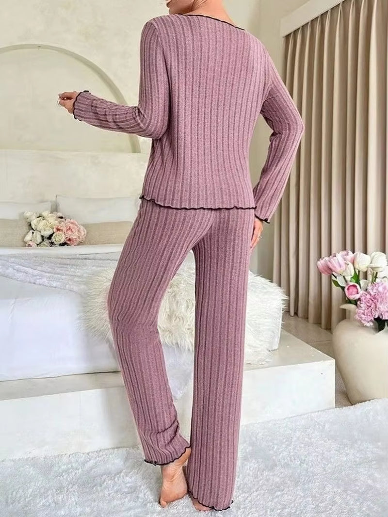 Autumn Winter Warm Sleepwear Women Pajamas Set Long Sleeve Top and Trousers 2 Piece Set Casual Homewear Loungewear
