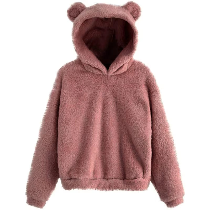 Winter Korean Fashion Bear Ears Cute Loose Hoodie Fluffy Hooded Warm Sweatshirt Long Sleeve Top Solid Pullover Clothes for Women