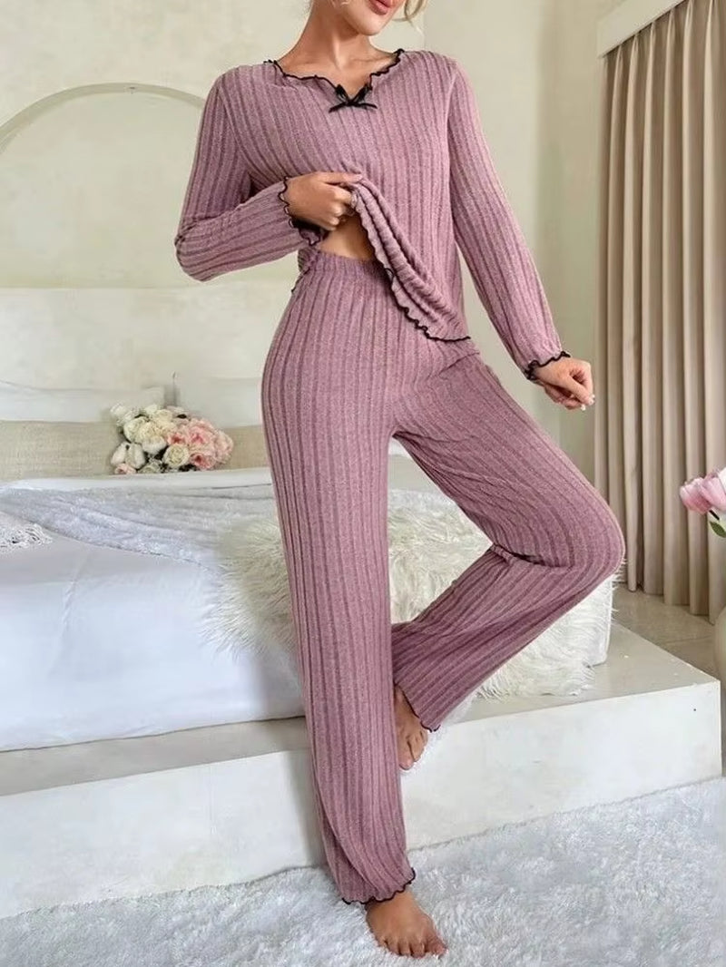 Autumn Winter Warm Sleepwear Women Pajamas Set Long Sleeve Top and Trousers 2 Piece Set Casual Homewear Loungewear