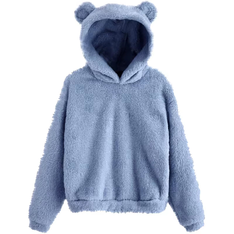 Winter Korean Fashion Bear Ears Cute Loose Hoodie Fluffy Hooded Warm Sweatshirt Long Sleeve Top Solid Pullover Clothes for Women