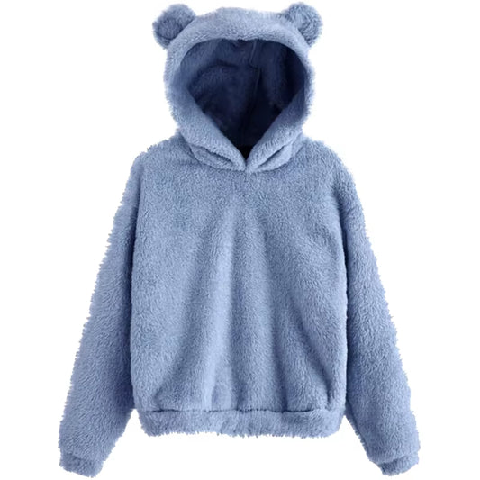 Winter Korean Fashion Bear Ears Cute Loose Hoodie Fluffy Hooded Warm Sweatshirt Long Sleeve Top Solid Pullover Clothes for Women