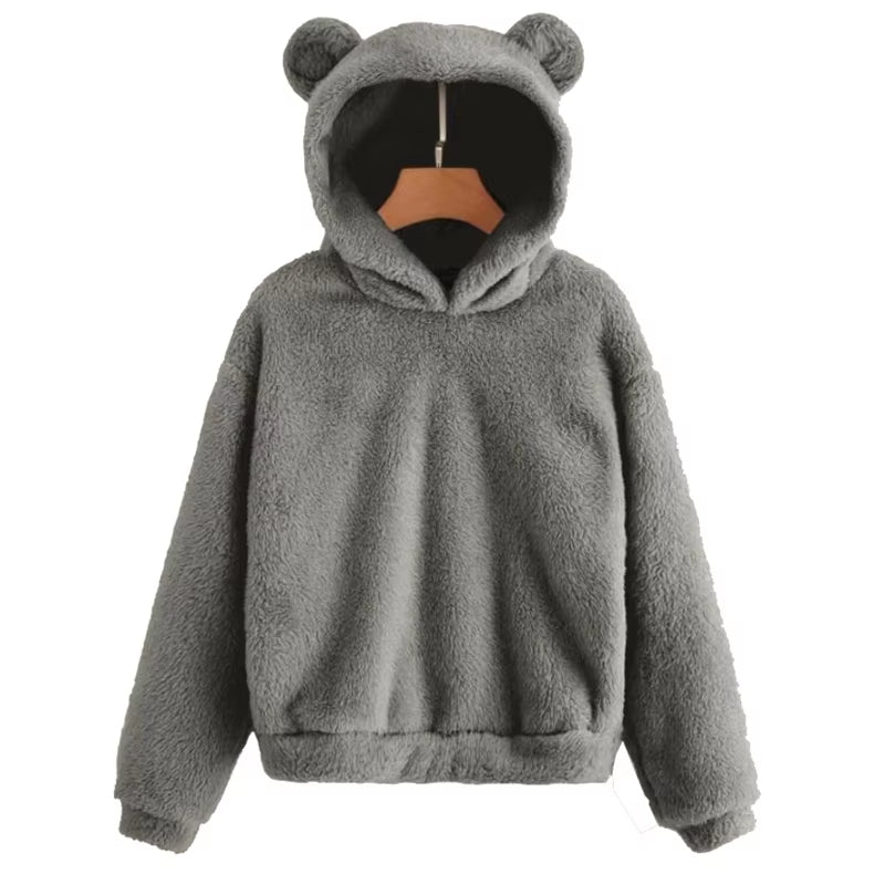 Winter Korean Fashion Bear Ears Cute Loose Hoodie Fluffy Hooded Warm Sweatshirt Long Sleeve Top Solid Pullover Clothes for Women