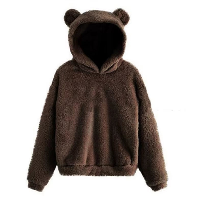Winter Korean Fashion Bear Ears Cute Loose Hoodie Fluffy Hooded Warm Sweatshirt Long Sleeve Top Solid Pullover Clothes for Women