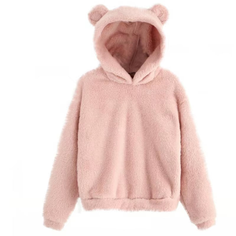 Winter Korean Fashion Bear Ears Cute Loose Hoodie Fluffy Hooded Warm Sweatshirt Long Sleeve Top Solid Pullover Clothes for Women