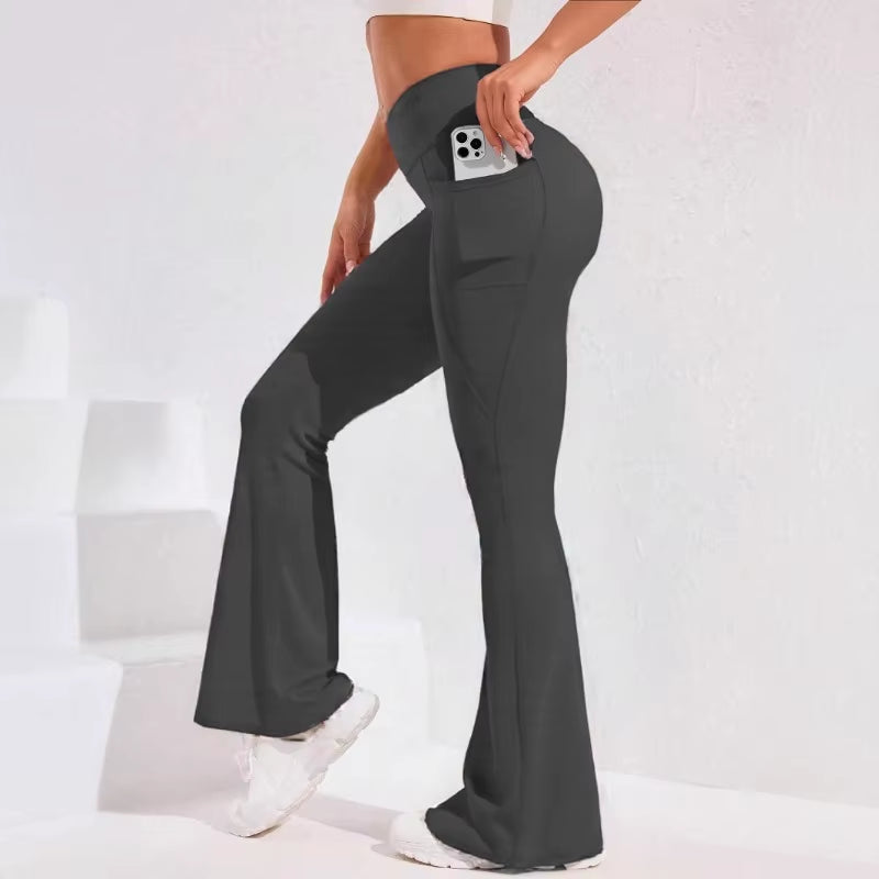 ​​High Waist Flare Leg Yoga Pants Women with Pocket Push up Butt Running Tights Wide Leg Pants Gym Outdoor Cycling Leggings