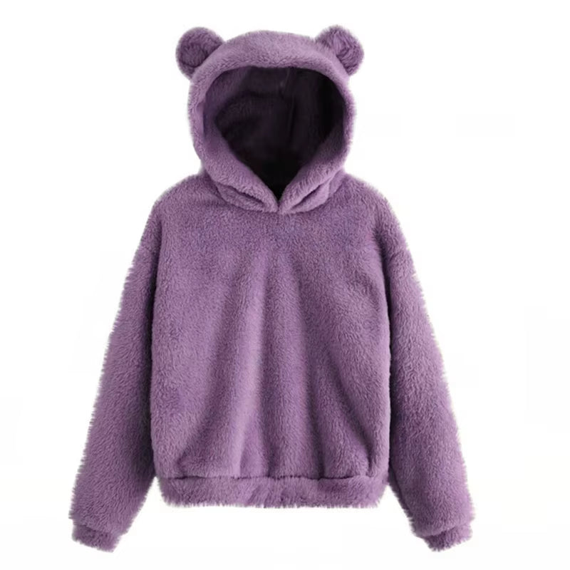 Winter Korean Fashion Bear Ears Cute Loose Hoodie Fluffy Hooded Warm Sweatshirt Long Sleeve Top Solid Pullover Clothes for Women
