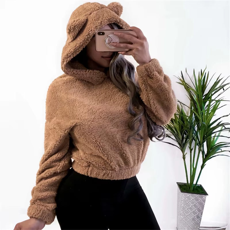 Winter Korean Fashion Bear Ears Cute Loose Hoodie Fluffy Hooded Warm Sweatshirt Long Sleeve Top Solid Pullover Clothes for Women
