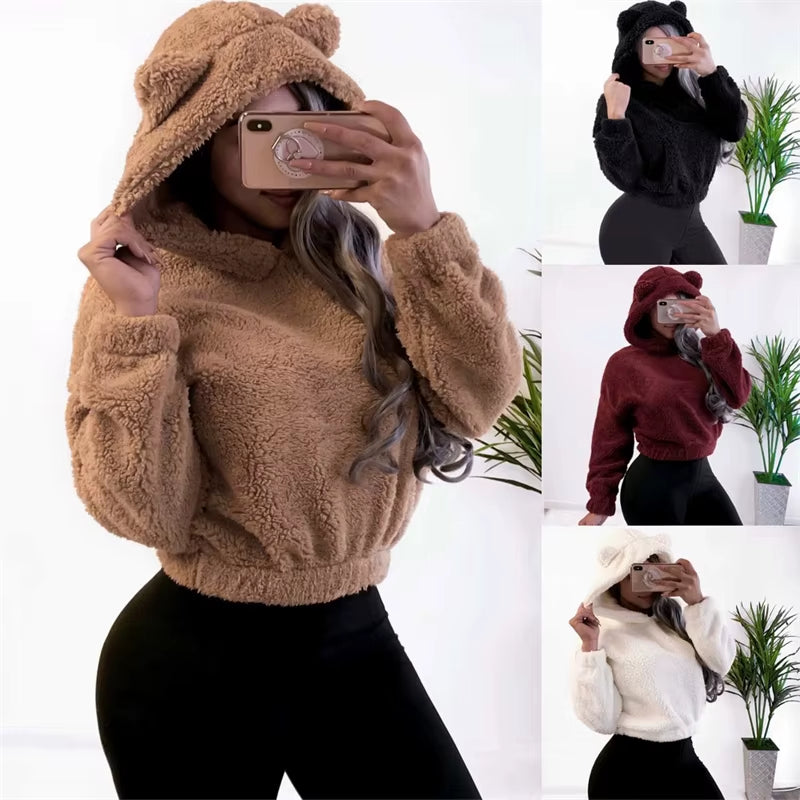 Winter Korean Fashion Bear Ears Cute Loose Hoodie Fluffy Hooded Warm Sweatshirt Long Sleeve Top Solid Pullover Clothes for Women