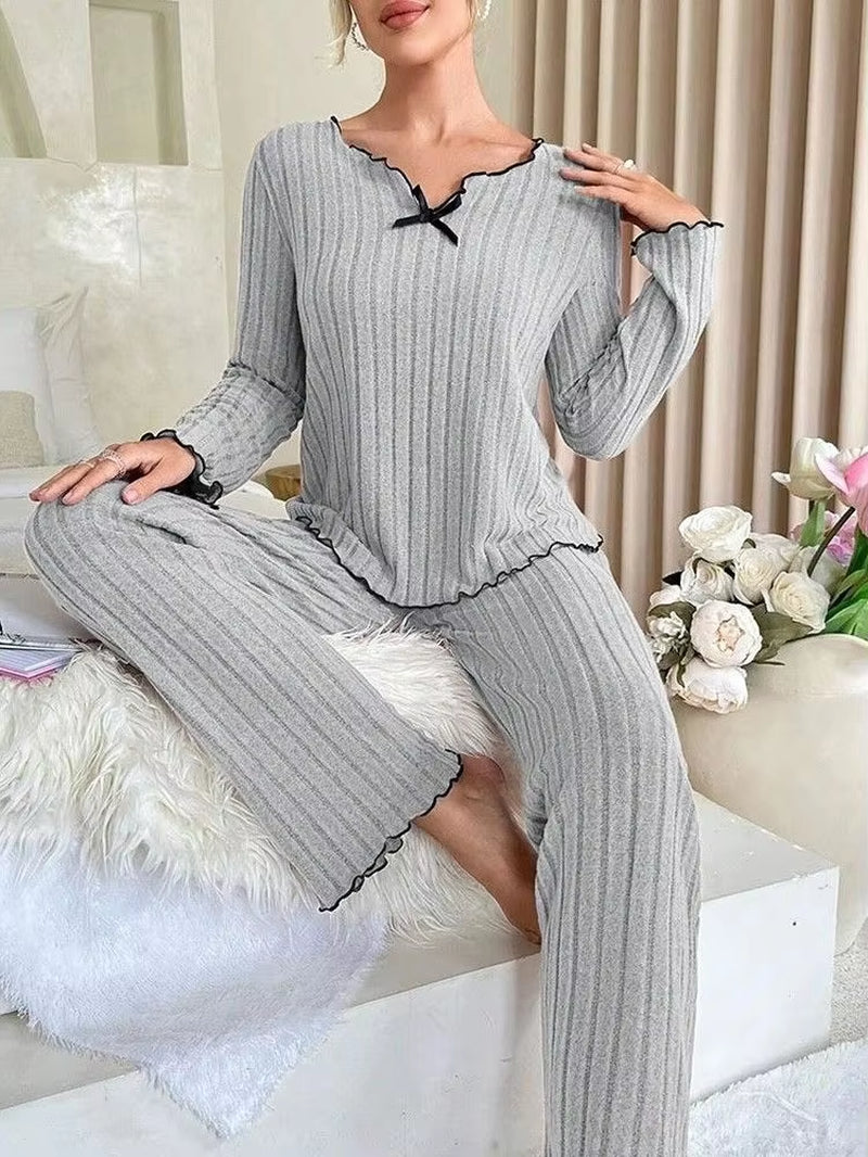 Autumn Winter Warm Sleepwear Women Pajamas Set Long Sleeve Top and Trousers 2 Piece Set Casual Homewear Loungewear