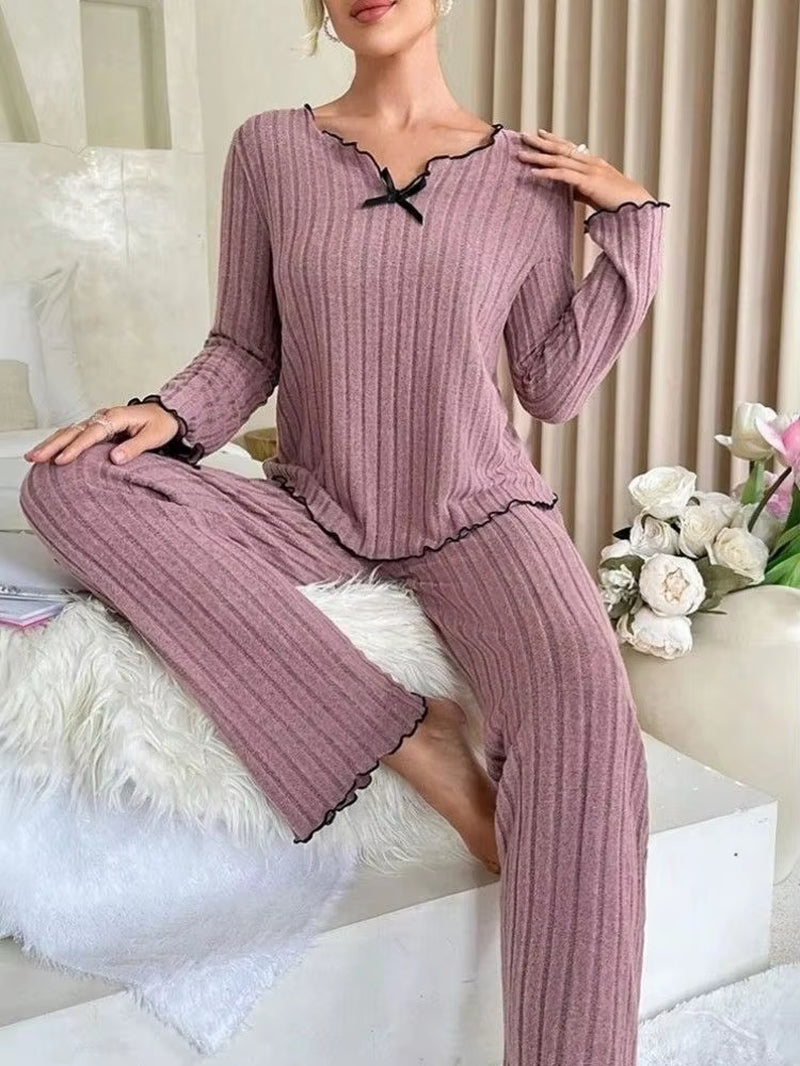 Autumn Winter Warm Sleepwear Women Pajamas Set Long Sleeve Top and Trousers 2 Piece Set Casual Homewear Loungewear